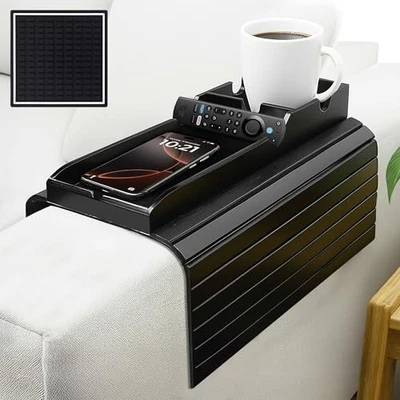 Bamboo Couch Cup Holder Tray, Sofa Arm Tray with Mat | Anti-Slip Foldable Black - Image 1 of 4