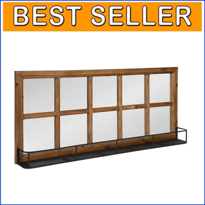 Rustic Farmhouse 10 Windowpane Mirror with Distressed Black Metal Shelf,O40x18 - Image 1 of 4