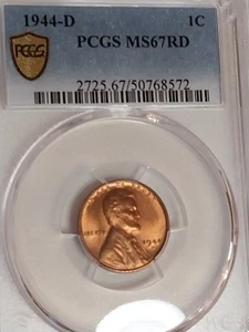 1944 D PCGS LINCOLN WHEAT CENT MINT STATE MS 67 MS67 RED RD - Picture 1 of 3