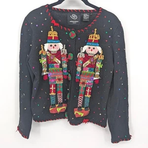 Cárdigan de Navidad Michael Simon vintage pequeño negro cascanueces suéter navideño - Imagen 1 de 8