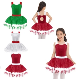 Kids Girls Christmas Ballet Latin Dance Dress Sequins Faux Fur Santa Leotards - Picture 1 of 46