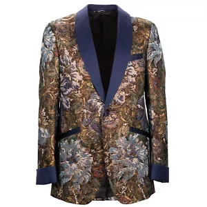 Dolce & Gabbana Baroque Tuxedo Blazer Suit Jacket Gold Blue 48 38 M 12378 - Picture 1 of 6