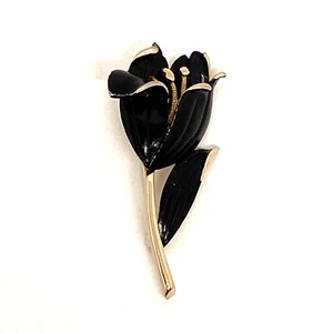 Vintage Marvella Signed Black Rose Enamel Gold Metal Brooch Pin - Picture 1 of 9