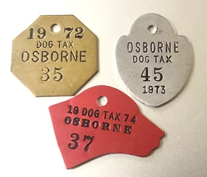 3 DOG LICENSE TAGS: Osborn Kansas 1972, 1973 & 1974 (Dog's Head Design) - Picture 1 of 1