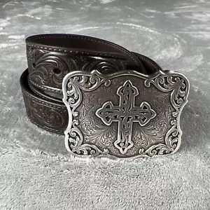 NOCONA Brown Tooled Leather Belt Silver Cross Buckle Womens Size XL Western NWOT - Picture 1 of 23