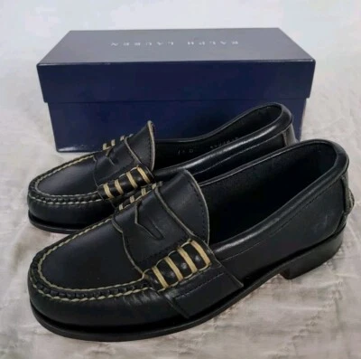 Mocasín Ralph Lauren Niños Cuero Edric Penny NEGRO Hecho en EE. UU. Talla 13 NUEVO Foto 1 de 4
