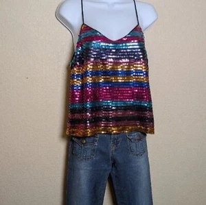 Camiseta sin mangas WAYF arco iris a rayas lentejuelas cami talla grande festival fiesta rave Y2K - Imagen 1 de 10