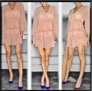 Alice McCall Pleated Tiered Chiffon Kimono Sleeve Plunge Dress 6 S Nude NWT - Picture 1 of 9