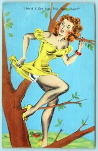 Postal c1940 's Segunda Guerra Mundial Pin Up Chica en Árbol Humor Pelirroja #C16 - Imagen 1 de 2