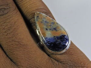 Natural Blue Sodalite 925 Solid Sterling Silver Ring Size US-8