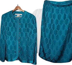 Vintage Anne Crimmins Umi Collections Size 12 Jacket Skirt Set Teal Silk READ - Picture 1 of 21