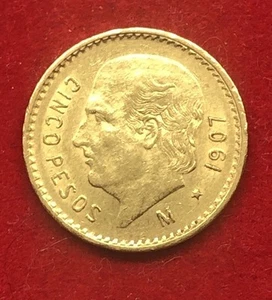 5 Pesos Mexican Gold Coin 1907 Miguel Hidalgo 4.2 Grams Gold 5 Pesos De Oro - Picture 1 of 13