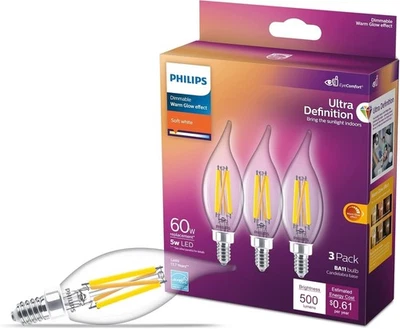 2 Pack - 6 Bulbs Philips LED 60W BA11 E12 Chandelier Bulbs Base Ultra Definition - Image 1 of 4