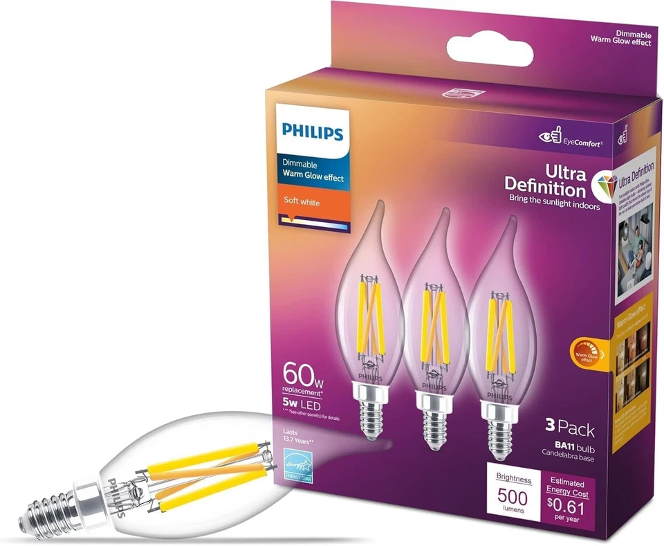 2 Pack - 6 Bulbs Philips LED 60W BA11 E12 Chandelier Bulbs Base Ultra Definition - Image 1 of 4
