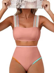 Women's High Waisted Bikini Sets 2 Piece Color Block Swim Suit 2025 Square Ne... - Picture 1 of 6
