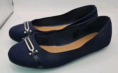 Navy Mesh Stretch Ballet Flats Sz 8 Slip On Silver Horse Bit  Comfort Shoes #408 - Image 1 of 4