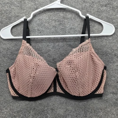 Victoria's Secret Bra Womens 34DD Pink Black Plunge Lace Mesh Underwire Straps - Image 1 of 4