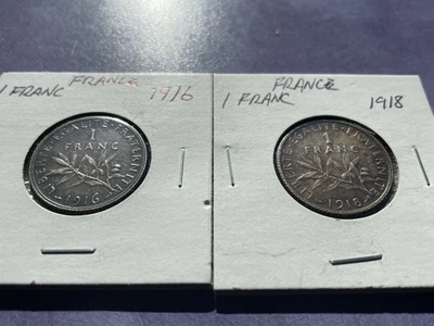 França, Lote de (2) 1 Franco, 1916, 1918, 83,5% Prata - Imagem 1 de 4