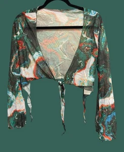 Mujer Talla Pequeña Malla Encogerse de hombros Corbata Frontal Superposición Verde Naranja Manga Dividida - Imagen 1 de 4