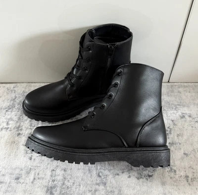 Womens Black Faux Leather Lace-Up Ankle Boots with Zip Combat Style Size UK 4 - Image 1 of 4