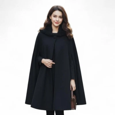 EAST 5TH Women's Elegant Winter Cape Coat ONE SIZE Polyester Faux Fur Black - Image 1 of 4