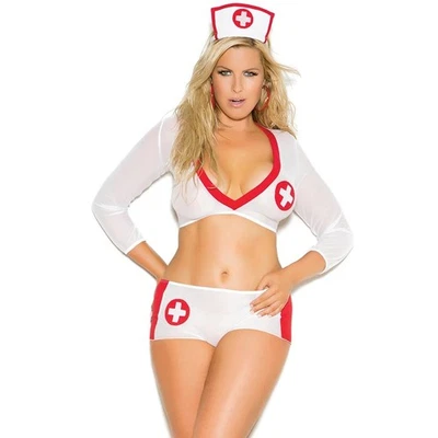 Sexy Disfraz de Enfermera Manga Larga Top Pantalones Cortos Diadema Conjunto de Dormitorio 8014 Talla Grande Foto 1 de 4