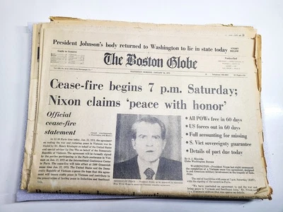 1973 January 24 - Original VIETNAM WAR ENDS Nixon Newspaper Boston Globe - Image 1 of 4