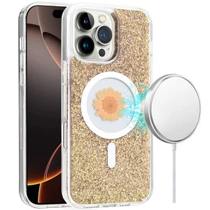 For iPhone 16 Pro 6.3in Case Epoxy Real Flower Glitter Hybrid + Tempered Glass - Imagen 1 de 9