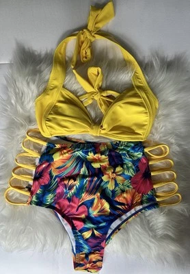 Bikini Sirena Mujer Amarillo Top S Cintura Alta Floral Parte Inferior M Playa Traje de Baño Foto 1 de 4