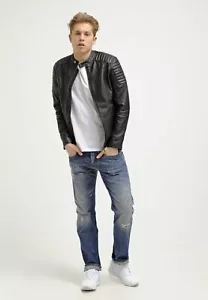 Herren schwarz Lederjacke Biker Motorrad Cafe Racer weich Lammfell Reißverschluss kurz - Bild 1 von 5