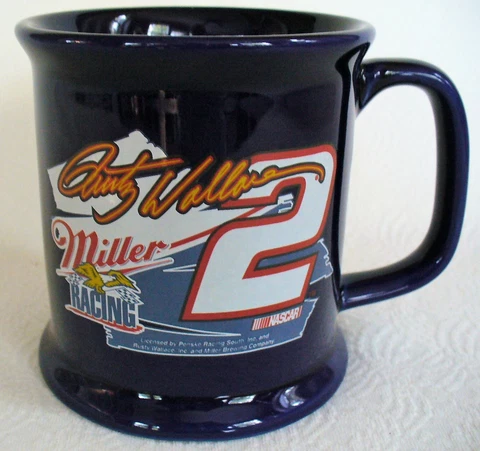 #2~Rusty Wallace~NASCAR~12 oz~Coffee Mug~AUTOGRAPHED~Cobalt Blue~MILLER RACING Cover