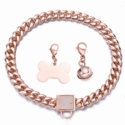 Rose Gold Dog Collar Stainless Steel Cuban link Chain Dog Collar 10/14mm 10-26"