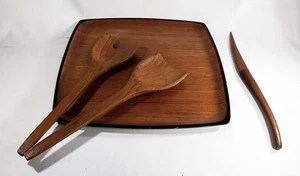 4 Piece Set Teak Tray and Utensils - Contempo Teak Made in Japan - Picture 1 of 4