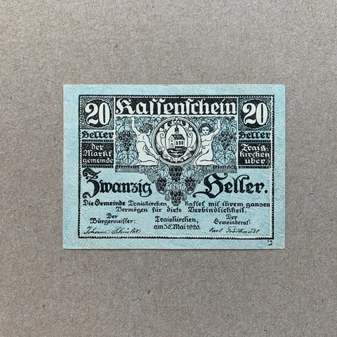 AUSTRIA (1920) 20 Heller NOTGELD - AUSTRIAN Post WW1 WWI Banknote Currency Cover