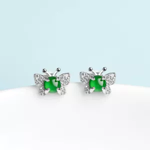 Real S925 Sterling Silver Natural A Grade Jadeite Green Gem Butterfly Earrings - Picture 1 of 9