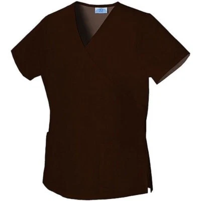 Simply Basic Dark Espresso Brown Wrap Back Tie 3 Pocket Side Vents Scrub Top XS - Image 1 of 2