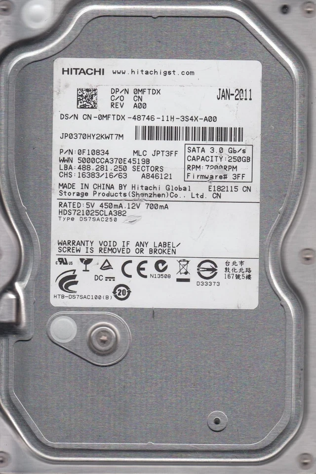 Hitachi HDS721025CLA382 8MB 250GB SATA 3.5 inches 7200 RPM Hard Disk Drive - Image 1 of 1
