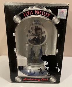 New ELVIS PRESLEY ANNIVERSARY CLOCK w ROTATING GUITAR PENDULUMS & GLASS DOME - Picture 1 of 8