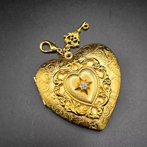 Kirks Folly Heart Locket 2.25” With Key Charm Pendant Gold Tone Whimsical - Picture 1 of 7