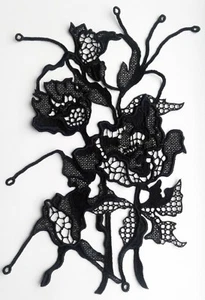 Lace Flowers Black Handmade Embroidered Patch - Picture 1 of 3