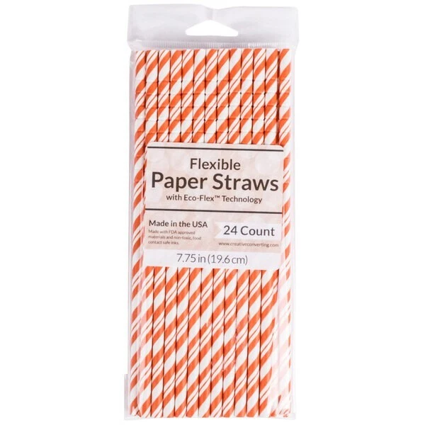 Paper Straws Orange White Stripes 24ct 7.75" tall New - Image 1 of 1