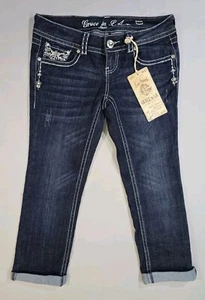 NWT Grace in La Low-Rise Cropped Embroidered Stetch Jeans Size 9/28 Dark Blue - Picture 1 of 12