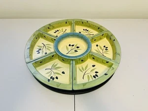 Lazy Susan Wood Turntable & 7 Ceramic Compartments by Deb Segura SIGNATURE 20.5” - Picture 1 of 21