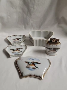 Vintage Ashtray And Ceramic Table Lighter Ducks W/Gold Rim Hand Painted Japan - Picture 1 of 7