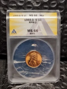 1955-D/D RPM-2 MS 66 RD 1C Wheat Penny Graded By ANACS Repunxched Mint Mark - Picture 1 of 7