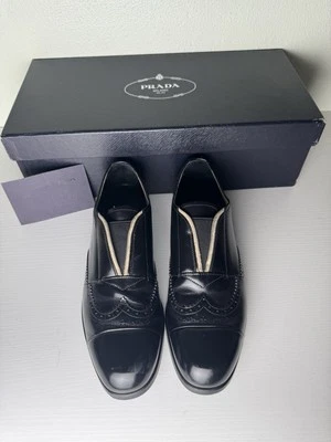 Prada Black Leather Wingtip Loafers Slip-On, See Photos For Size - Image 1 of 4