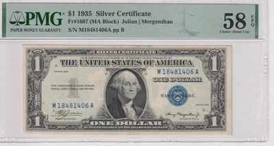 Fr 1607 1935 $1 SC M18481406A PMG 58EPQ 1935 SERIE LISA SELLO AZUL Foto 1 de 2