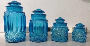 Vintage LE Smith Moon & Stars Blue 4 Piece Canister Set  - Picture 1 of 13