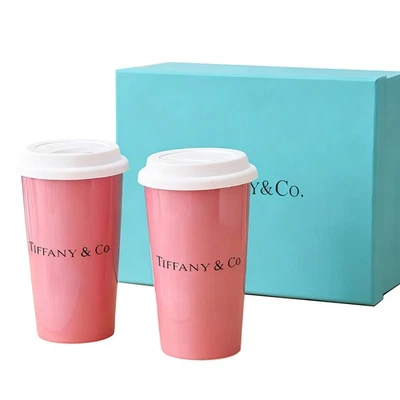 Tiffany & Co. Juego de 2 vasos estilo taza de papel de porcelana de hueso fino rosa con caja Foto 1 de 4