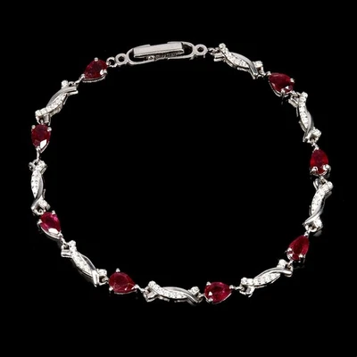 925 Sterling Silver Bracelet Pear Ruby 6x4mm Natural Gemstone Jewelry 7.5inches - Image 1 of 4
